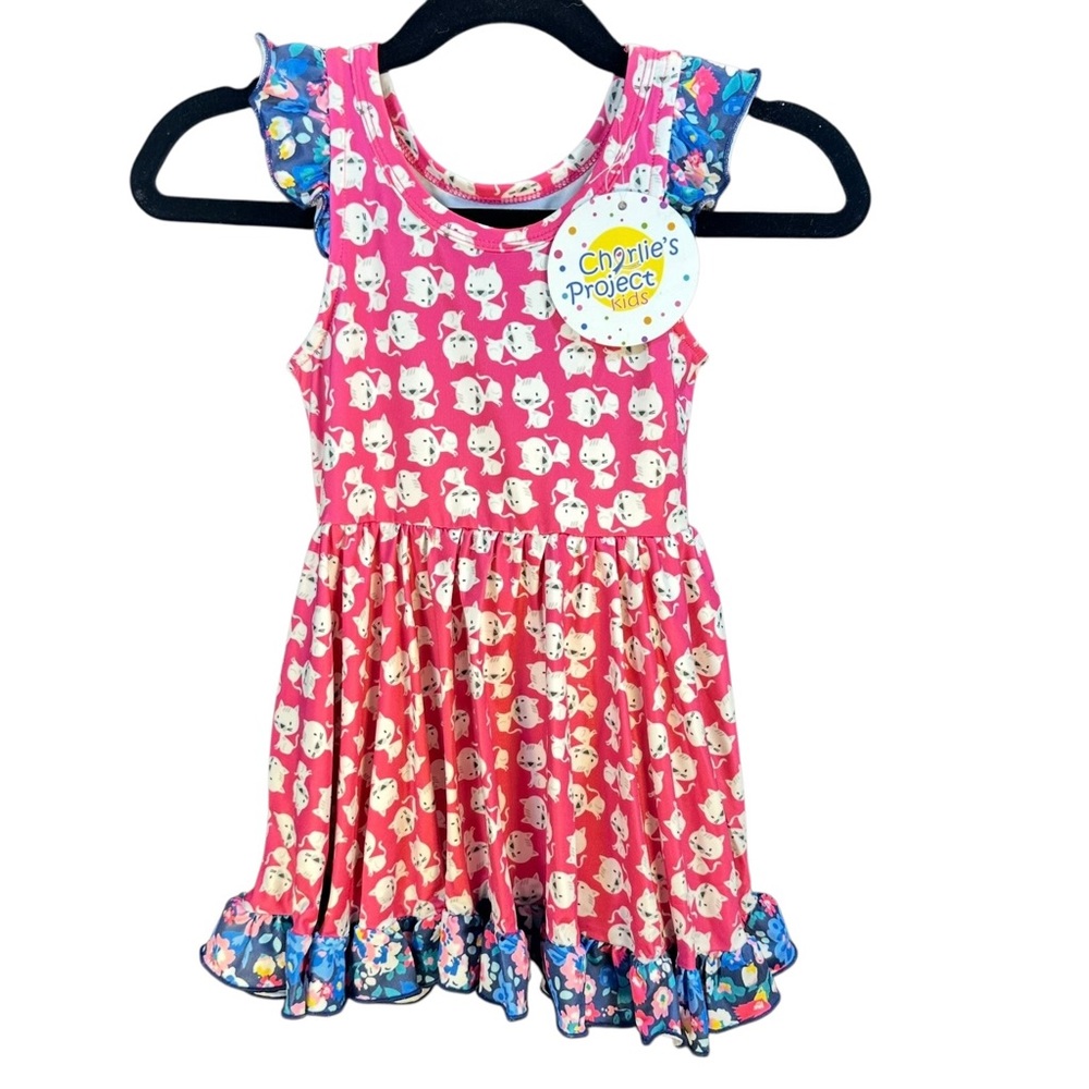 Charlie’s Project Twirl Dress Pink Kitten Ruffles Pockets Size 12-24 Mos New